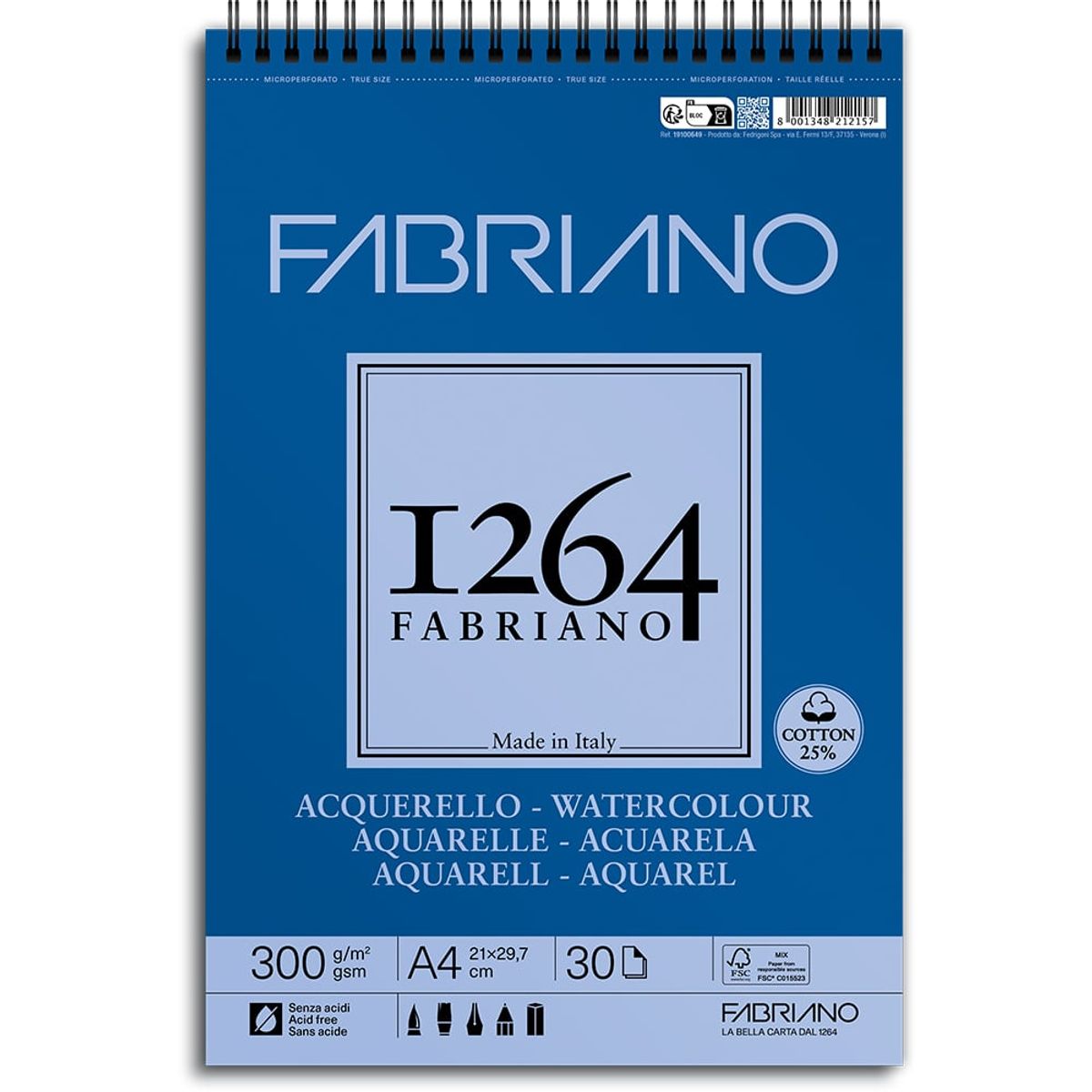 Fabriano 1264 Watercolour Akvarellblokk Spiral 300g 30ark A4